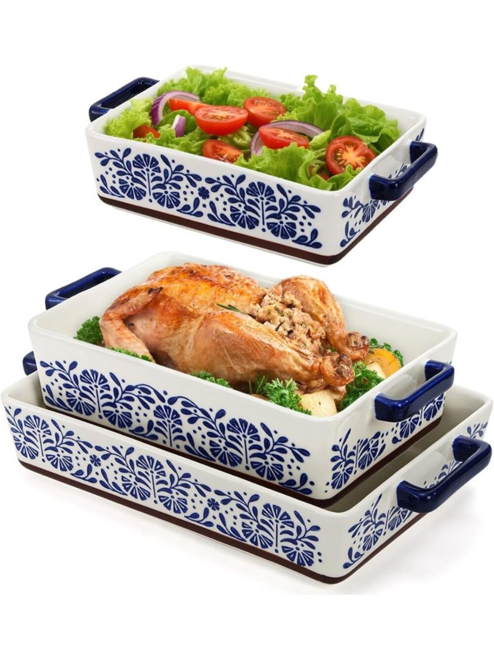 3 Pack Hand-Painted Floral Ceramic Baking Dishes - Non-Stick, Stackable